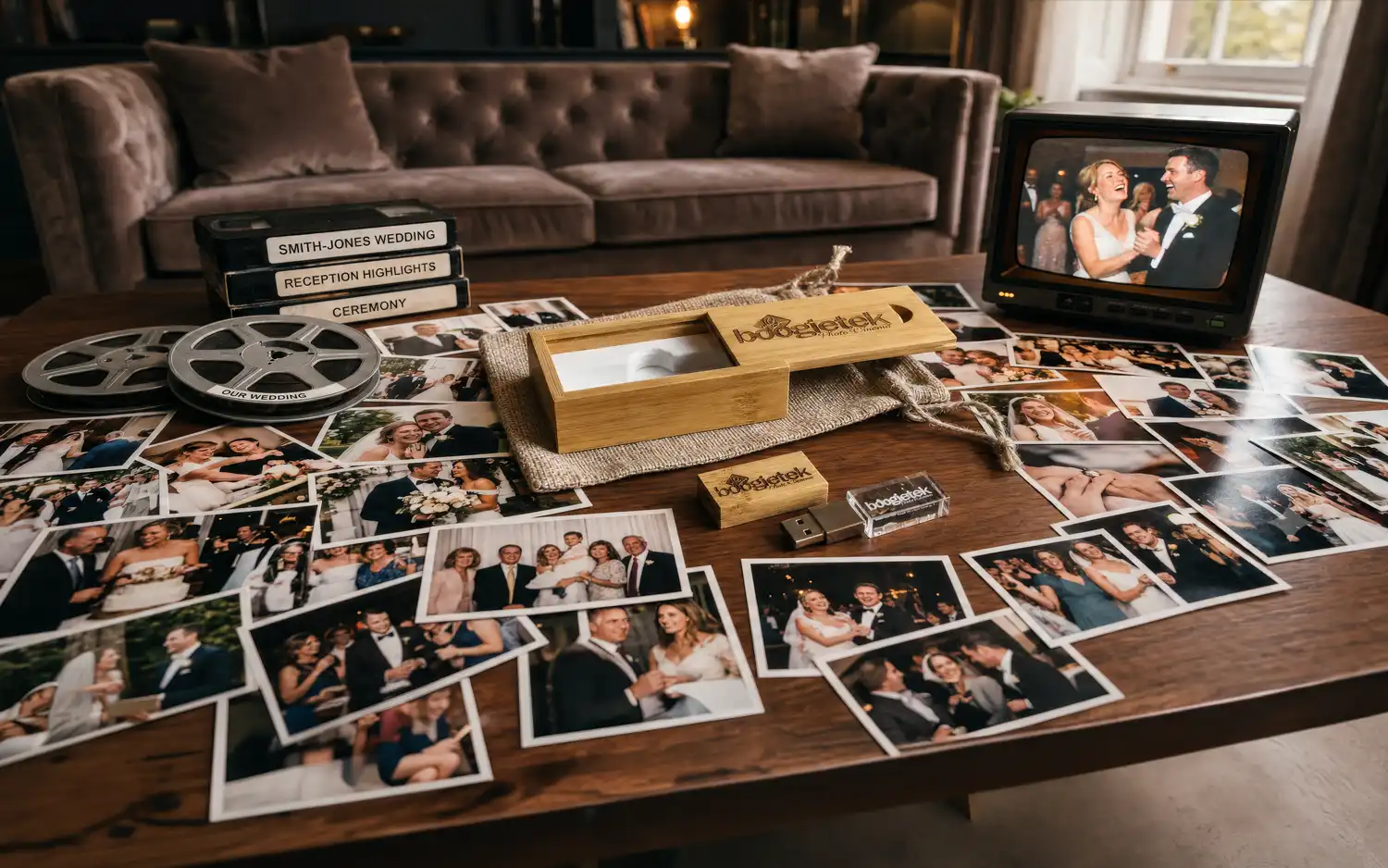 A living room coffee table covered in printed wedding photos, labeled VHS tapes, and film reels, with an open boogietek USB box and a CRT television playing wedding footage in the background, by Boogietek Photo+Cinema