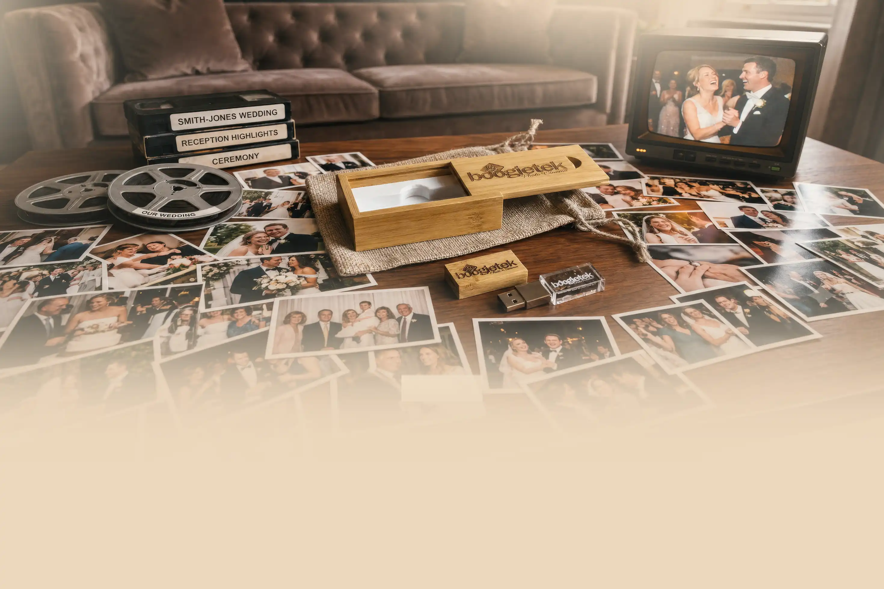 A Boogietek archive drive resting in a crystal case, surrounded by wedding prints, film reels and tapes